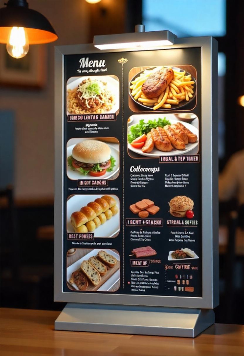 Panneau de menu de restaurant à LED. Promotion Panneau publicitaire imprimé par Panneaux Nantais, idéal pour enseigne, signalétique et communication visuelle. Nantes