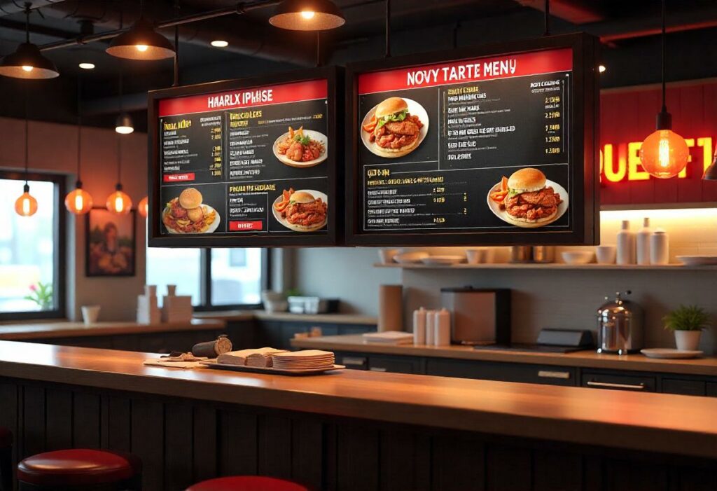 Menu restaurant intérieur – Panneau LED numérique pour présentation des plats. Panneau de menu de restaurant à LED, caisson lumineux, panneau de menu rétroéclairé LED, écran d'affichage lumineux pour restaurant.