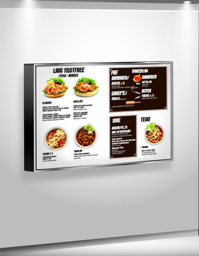 Panneau LED menu restaurant – Affichage numérique moderne et lumineux. Nantes Panneau de menu de restaurant à LED, caisson lumineux, panneau de menu rétroéclairé LED, écran d'affichage lumineux pour restaurant. Nantes